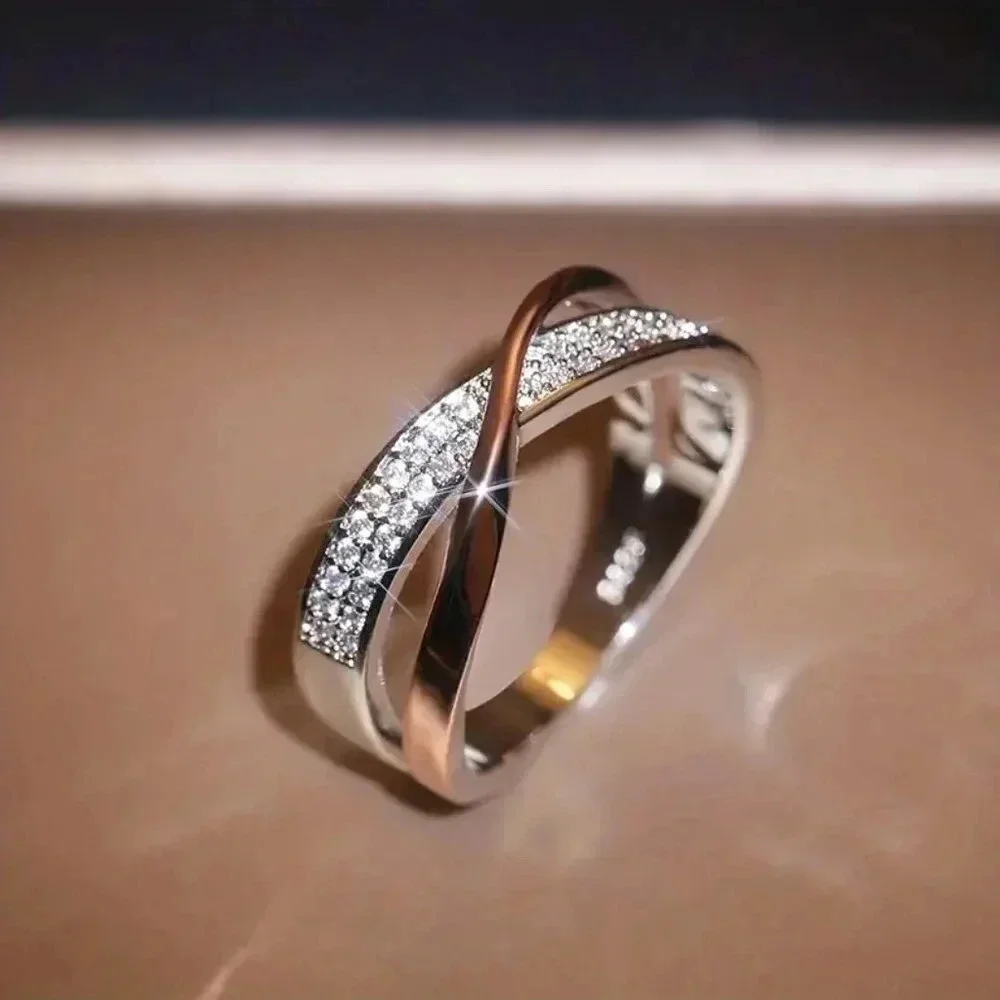 925 Silver Rose Gold Diamond Cross Ring Band